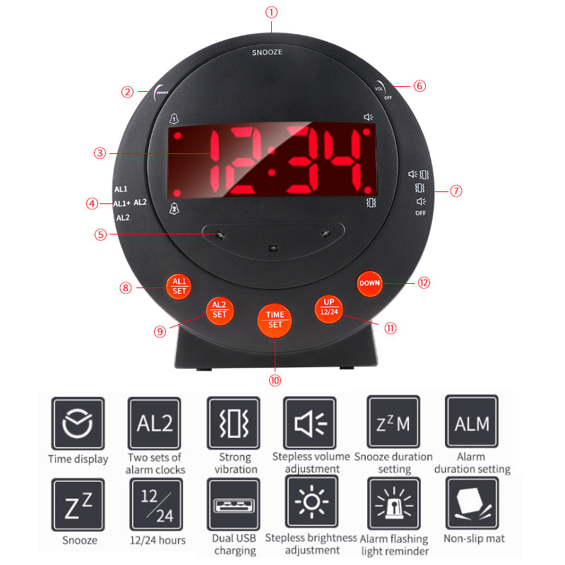 Powerful Vibrating Digital Alarm Clock for Hearing-Impaired, Deaf, Seniors & Deep Sleepers