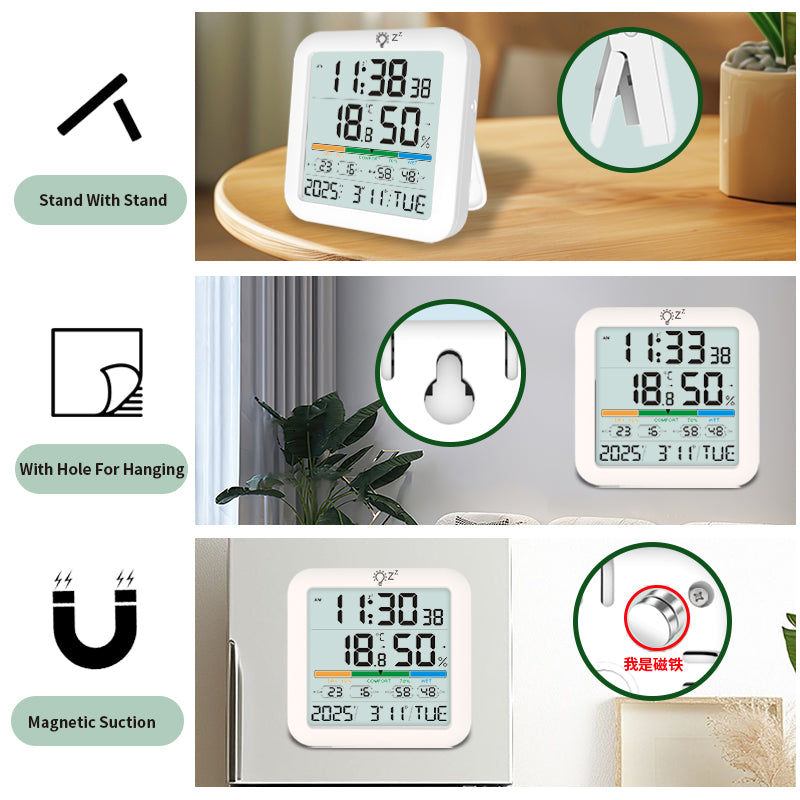 Multi-Function Indoor Thermometer Hygrometer Clock with Backlight – Digital Temperature & Humidity Sensor for Home