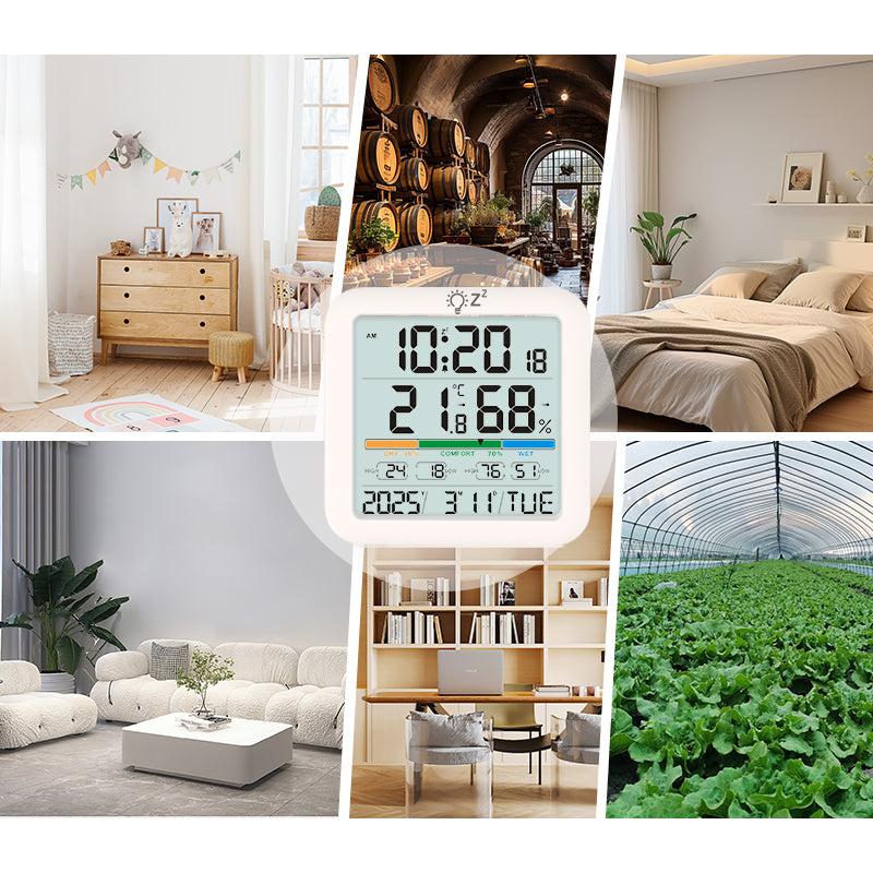 Multi-Function Indoor Thermometer Hygrometer Clock with Backlight – Digital Temperature & Humidity Sensor for Home