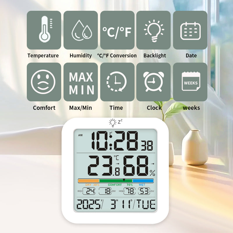 Multi-Function Indoor Thermometer Hygrometer Clock with Backlight – Digital Temperature & Humidity Sensor for Home