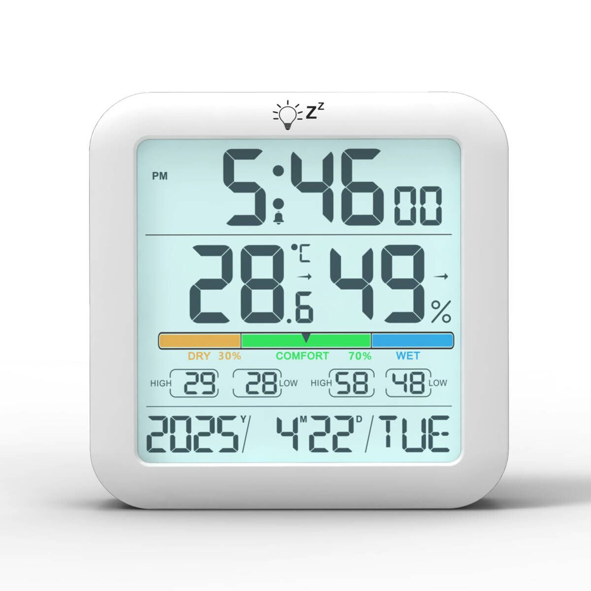 Multi-Function Indoor Thermometer Hygrometer Clock with Backlight – Digital Temperature & Humidity Sensor for Home